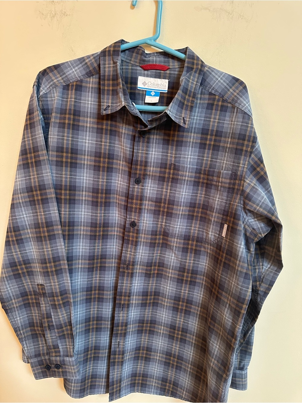 Columbia Men’s Navy/Light Blue/Tan/White Plaid Button‑Down Shirt – Size Large